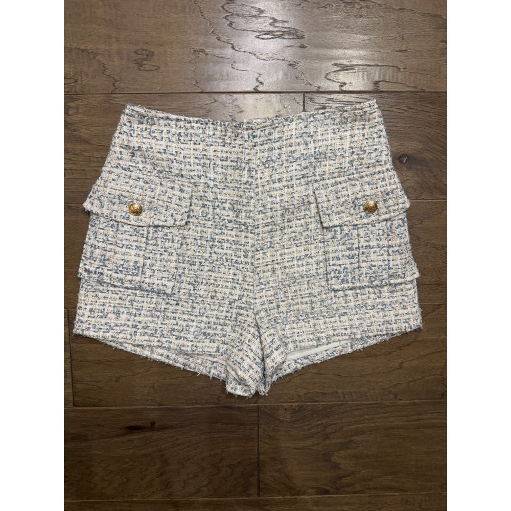 NWT Endless Rose Tweed Shorts Womens Medium Blue White Gold High Rise Preppy
